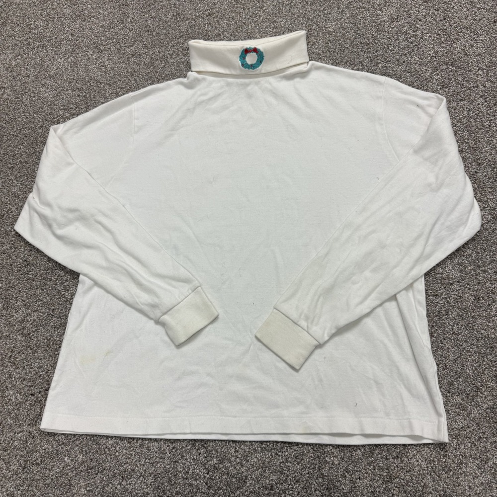BellePointe Shirt Womens 2X White Turtleneck Long Sleeve Christmas Embroidered